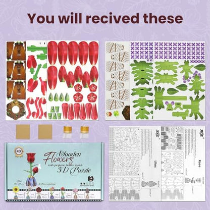 Jege 3D Flower Wooden Puzzles for Adults, DIY Building Set with 2 Flowers, 2 Perfume Bottles & Diffuser Sticks, Creative Craft Gifts & Home Decor (Rose + Lilac) - Image 6
