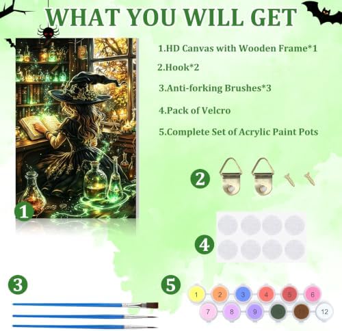 NAIMOER Halloween Paint by Numbers Kits for Adults Beginner with Wooden Framed, Witch Magical Color by Numbers on Canvas Painting Kits for Adults, Easy Paint DIY Acrylic for Home Wall Decor 8X12 Inch - Image 5