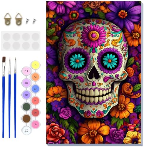NAIMOER Halloween Paint by Numbers Kits for Adults Beginner with Wooden Framed, Skull Flowers Color by Numbers on Canvas Painting Kits for Adults, Easy Paint DIY Acrylic for Home Wall Decor 8X12 Inch by NAIMOER