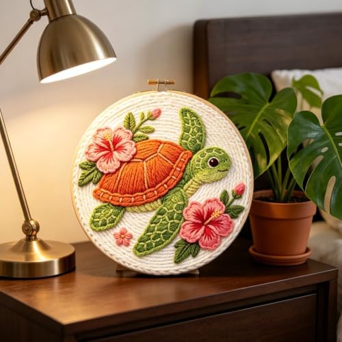 INFUNLY 2PCS Cute Turtle Punch Needle Kit for Beginners Pink Flower Punch Needle Embroidery Starter Kit 8.7×8.7Inch DIY Needlepoint Kits with Turtles Pattern Instruction for Festival Gift Home Decor - Image 6