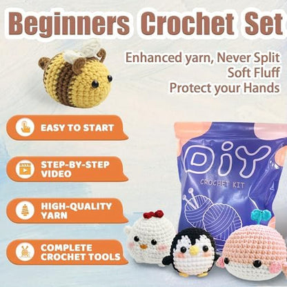 YAMAXIN Crochet Kit for Beginners Adults – 4PCS Animal Amigurumi Yarn Craft Kit with Hooks, Tools & Video Tutorials – DIY Crochet Starter Set (Chick, Whale, Penguin, Bee) - Image 2