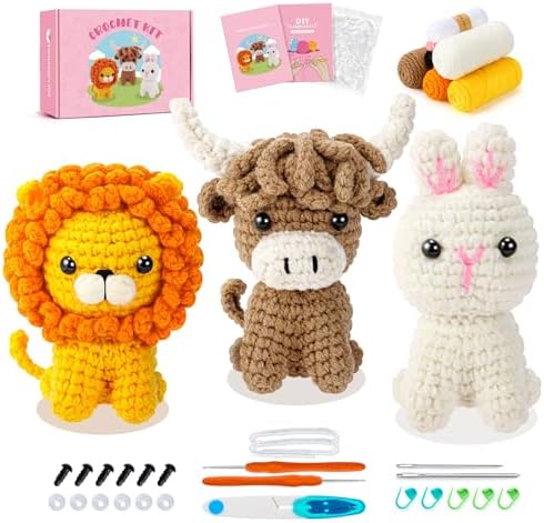 Fortuning's JDS Crochet Kit for Beginners, Amigurumi Crochet Animal Kits, Crocheting Kit for Starters Adult with Step-by-Step Video Tutorials, Animal Kits with Highland Cow, Lion, Bunny by FortuningsJDS