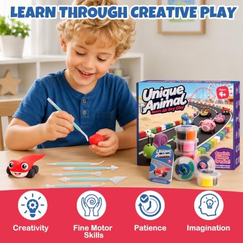 Kasfalci Air Dry Clay Kit for Kids, 12 Animal Racers Modeling Magic Clay Sculpting Set, DIY Party Favors Arts & Crafts for Kids Ages 4-12, Ultra Light & Soft, Safe & Non-Stick with Tools & Tutorials - Image 6