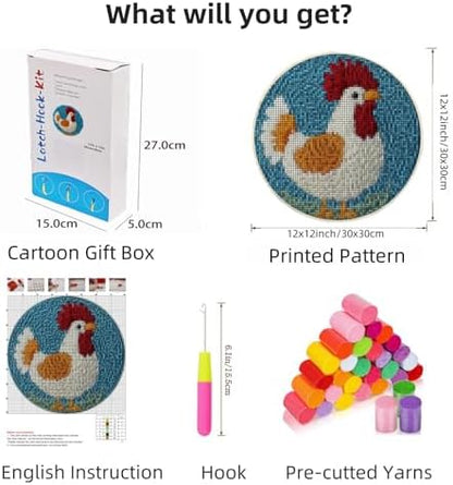 Latch Hook Rug Kit Cute Rooster Easy for Beginners Round Shape Carpet Crochet Yarn Craft Mini Rug DIY Hook and Latch Little Tapestry for Home Decor 30x30cm-1 - Image 2