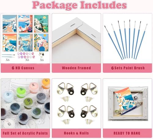 SYDYLH 6 Pack Paint by Numbers Kit for Adults Beginners,DIY Acrylic Painting Set for Seaside and City Landscapes on Canvas Framed, Adults Kids Paint by Numbers Kits for Home Wall Decor 8x12inch - Image 4