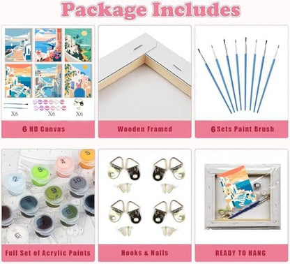 SYDYLH 6 Pack Paint by Numbers Kit for Adults Beginners,DIY Acrylic Painting Set for Seaside and City Landscapes on Canvas Framed, Adults Kids Paint by Numbers Kits for Home Wall Decor 8x12inch - Image 4