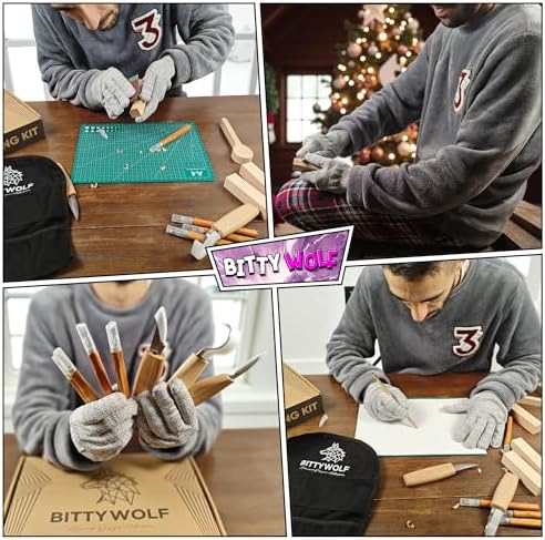 BittyWolf Wood Carving Kit , 24Pcs, Whittling Kit for Beginners, Knife Set with Cut Resistant Gloves, Wooden Blocks, Knife Sharpener and Hand Planer - Image 6