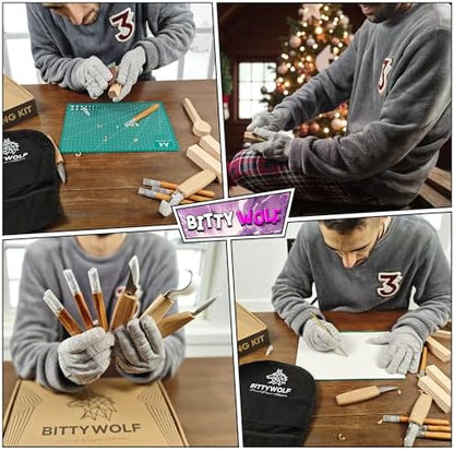 BittyWolf Wood Carving Kit , 24Pcs, Whittling Kit for Beginners, Knife Set with Cut Resistant Gloves, Wooden Blocks, Knife Sharpener and Hand Planer - Image 6