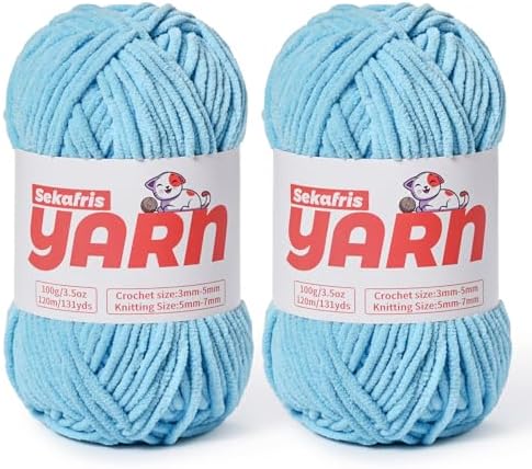 2 Pack Plush Chunky Chenille Yarn for Crocheting, Soft Fluffy Velvet Yarn for Crocheting Amigurumi, Fuzzy Baby Blanket Knitting 200g/262yds Bulky(2 Azure Blue) by Sekafris