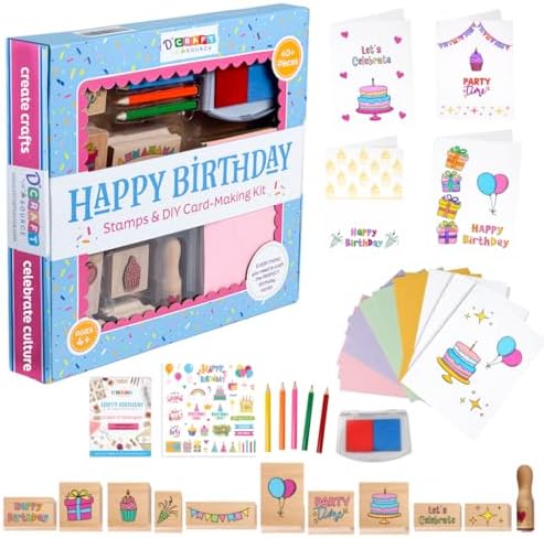 Birthday Card Making Kit -11 Reuseable Wooden Stamps & Ink Pad, 12 Blank Cards with Colorful envelopes, 1 Sheet of Birthday Stickers and 5 Color Pencils Ages 4+ by Unknown