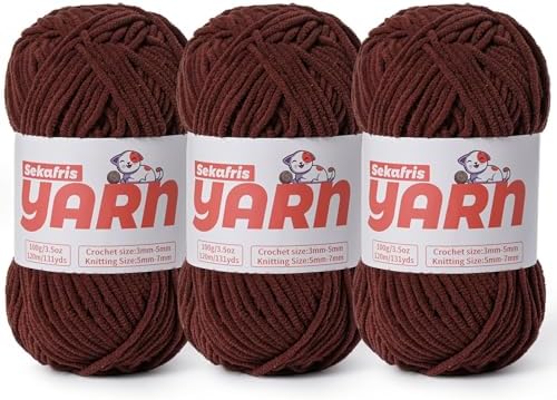 3 Pack Plush Chunky Chenille Yarn for Crocheting, Soft Fluffy Velvet Yarn for Crocheting, Fuzzy Baby Blanket Knitting Yarn, 300g/393yds Bulky Amigurumi Yarns（3 Dark Coffee） by Sekafris