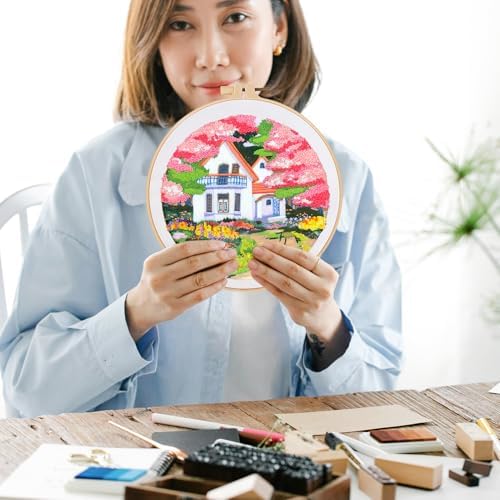 FONNUY Embroidery Kit for Beginners, Boho Nature Landscape Pre-Stamped Pattern Kits for Adults with Hoop, Easy to Follow Color Thread Needlework, 8'' Hoop (Flower House) - Image 4