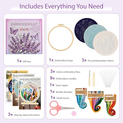 Uniartfy 3 Pack Embroidery Starter Kit for Beginners, Stamped Cross Stitch Kits for Adults with Flowers Plants and Fruits Patterns with 1 Embroidery Hoop and Color Threads, Handmade Needlepoint Kits - Image 2