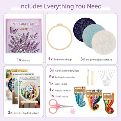 Uniartfy 3 Pack Embroidery Starter Kit for Beginners, Stamped Cross Stitch Kits for Adults with Flowers Plants and Fruits Patterns with 1 Embroidery Hoop and Color Threads, Handmade Needlepoint Kits - Image 2