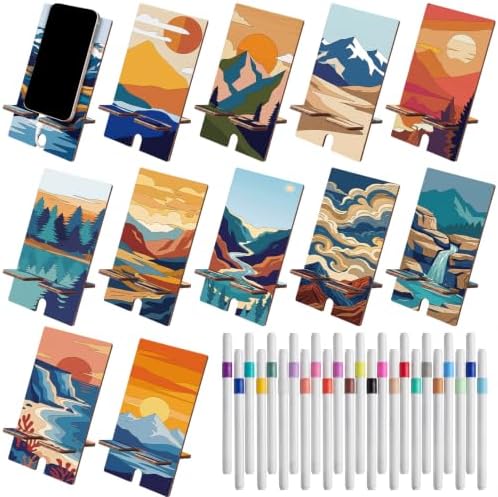 Kenning 12 Pcs Mountain Crafts Color Your Own Phone Holder DIY Mountain Cell Phone Stands Paint Your Own Unfinished Wooden Cellphone Holder to Paint with 24 Color Pens for Adults Handmade Project Gift by Kenning