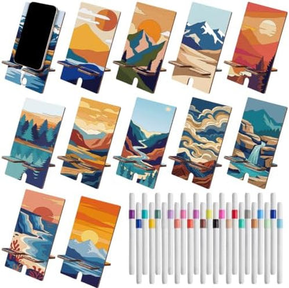 Kenning 12 Pcs Mountain Crafts Color Your Own Phone Holder DIY Mountain Cell Phone Stands Paint Your Own Unfinished Wooden Cellphone Holder to Paint with 24 Color Pens for Adults Handmade Project Gift by Kenning