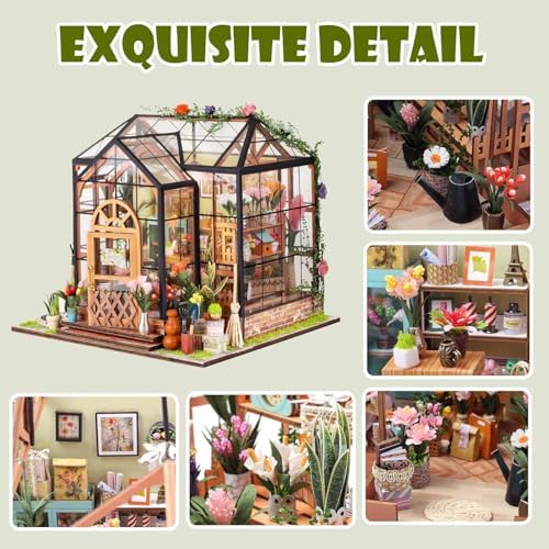 Book Nook Kit, 3D Wooden Puzzles Flower House Dollhouse with LED Light - Image 6