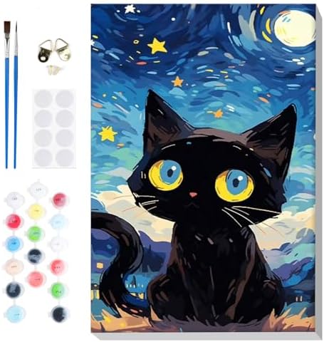 Bowetile Starry Night Cat Paint by Numbers for Adults Beginners Framed, Easy Adults' Paint-by-Number Kits, Adult Paint by Number Kits on Canvas, Acrylic Number Painting for Home Decor, 8x12in by BOWETILE