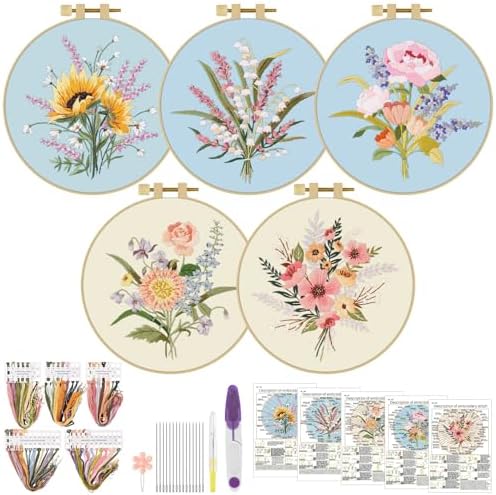 ERKOON Embroidery Kit for Beginners, 5 Sets Flower Cross Stitch Set for Adults Include Embroidery Cloth Hoops Threads for Craft Lover Hand Stitch with Skill Techniques (Bouquet) by ERKOON