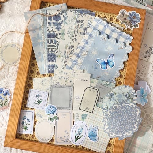 OKUPAN Scrapbook Supplies Kit – 100Pcs Vintage Floral Scrapbook Paper & Junk Journal Stickers, Journaling Supplies for Bullet Journaling, Retro Crafts, Mixed Media, Planner, Collage Card Album (Blue) - Image 6