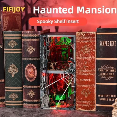fifijoy Haunted Mansion Halloween Book Nook Kit - DIY Miniature Haunted House Booknook for Adults, Spooky 3D Wooden Puzzle Bookshelf Insert Decor with LED Light, Gifts for Family, Friends - Image 2