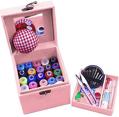 2 Layers Sewing Kits with Vintage Box Sewing Accessories Supplies Kits for Adults Kids Beginner Travel Sewing Basket Metal Handle Pink by TINTON+LIFE