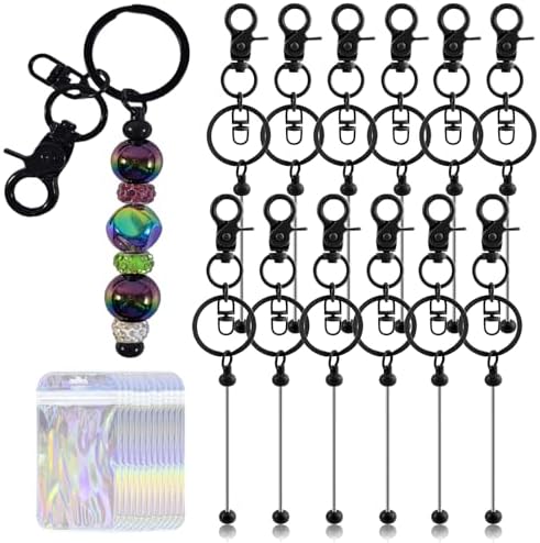 24 Pcs Beadable Keychains Bars bulk - 12 Black DIY Metal Beaded Keychain Making Kit + 12 Bags Included, Bead Keychain Supplies,Blank Key Chain, Perfect for Women, Men, Mother's Day, Birthday Gift by DNLEGULI