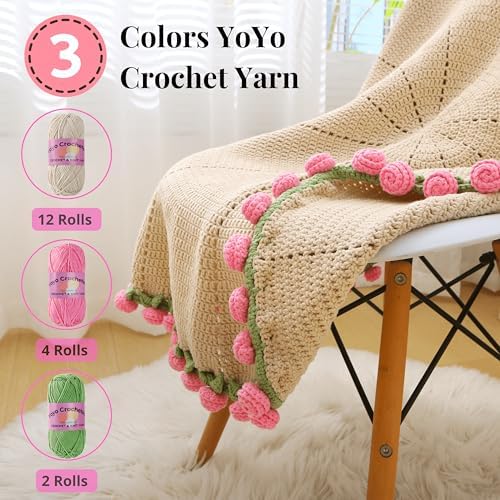Yoyo Crocheted Rose Blanket Kit for Beginners, 40 inches Flower Bouquet Shawl Kits for Adults, Learn How to Knit with Yarn, Hook & Instructions, DIY Gifts for Women (Pink Rose Bouquet Blanket Kits) - Image 2