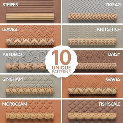 Byllstore Clay Texture Rollers | 10-Pack | 5 in x 0.65 in | Premium Wooden Pottery Tools | Set A - Image 2