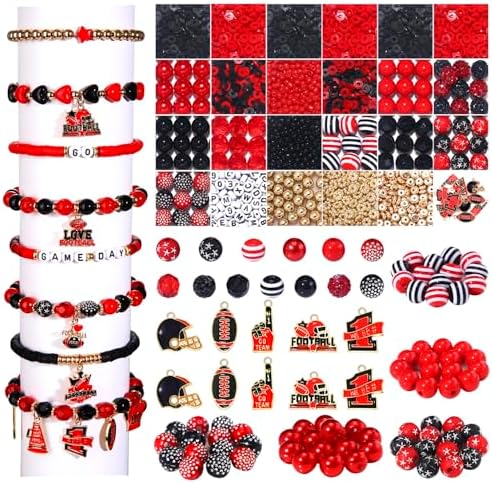 HSWE Game Day Beads for Bracelets Making Kit,Red Black Heishi Clay Pearl Letter Assorted Round Beads Gold Spacer Beads with Football Charms for DIY Bracelets Necklace Jewelry Making, 2100PCS+ by HSWE