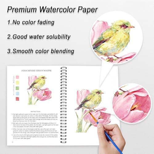 Watercolor Workbooks for Adults Beginners & Teens, 16 Colors 15 Beautiful Paintings, Pre-Outlined Designs, Easy Watercolor Art Book（Bird） - Image 4
