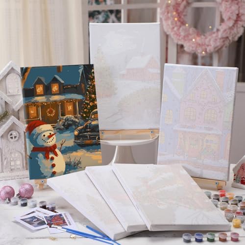 YooNotee 6 Pcs Winter Wonderland Paint by Numbers Kit for Adults 12x8 Inch Christmas Themed Canvas with Easel, DIY Oil Painting for Beginners, Home Wall Decor - Image 4