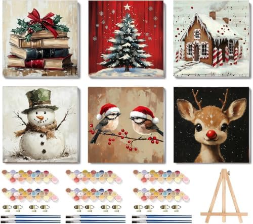 LWZAYS 6 Pack Christmas Paint by Numbers Kit for Adults with Frame, Easy Paint by Number for Adults Beginner with Wooden Easel, DIY Painting by Numbers Canvas Framed for Home Decor 8 x 8 Inch by LWZAYS