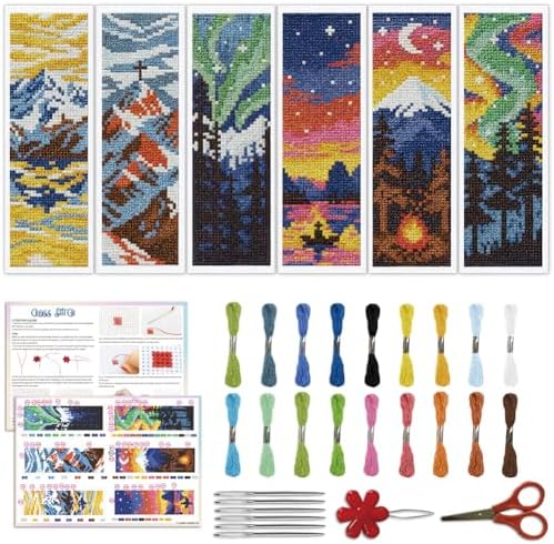 ACRNIGHEET 6PCS Cross Stitch Bookmark Kit for Beginner Stamped Cross Stitch Kits for Adults Nordic Landscapes DIY Embroidery Bookmark Kits Needlepoint Kit with Instructions Craft Gift 8.5''x3'' 11CT by ACRNIGHEET