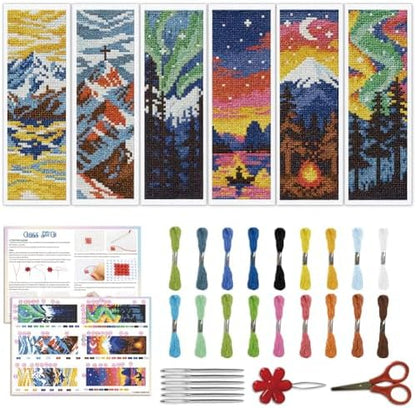 ACRNIGHEET 6PCS Cross Stitch Bookmark Kit for Beginner Stamped Cross Stitch Kits for Adults Nordic Landscapes DIY Embroidery Bookmark Kits Needlepoint Kit with Instructions Craft Gift 8.5''x3'' 11CT by ACRNIGHEET