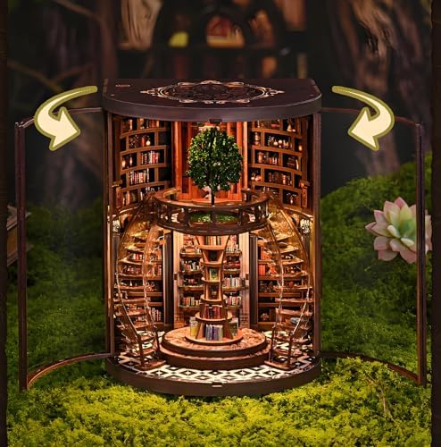 Book Nook Kits for Adults Fantasy 3D Puzzle Library Booknook Kit with Dust Cover Wisdom Book Repository Round Bookshelf Decor Wooden DIY Spiral Staircase Miniature Dollhouse Book House - Image 3