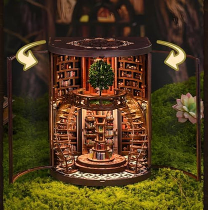 Book Nook Kits for Adults Fantasy 3D Puzzle Library Booknook Kit with Dust Cover Wisdom Book Repository Round Bookshelf Decor Wooden DIY Spiral Staircase Miniature Dollhouse Book House - Image 3