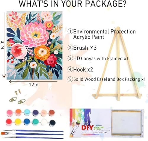 Flowers Paint by Numbers for Adults with Framed Canvas,Paint by Numbers Kits with Wooden Easel Drawing Paintwork,DIY Acrylic Oil Painting Kits with Brushes Gift Box for Home Wall Decor(12x16 Inch) - Image 2
