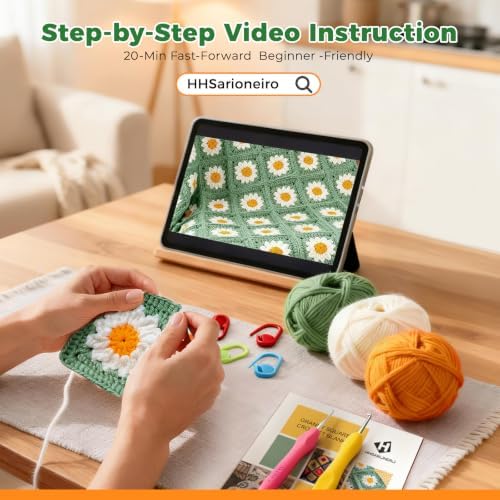 HHSarioneiro 2026 New Crochet Blanket Kit for Beginners, Easy Granny Square Crochet Kit for Adults,with Step-by-Step Instructions and Clear Videos, Includes Multiple Accessories, Gift for Craft Lovers - Image 3