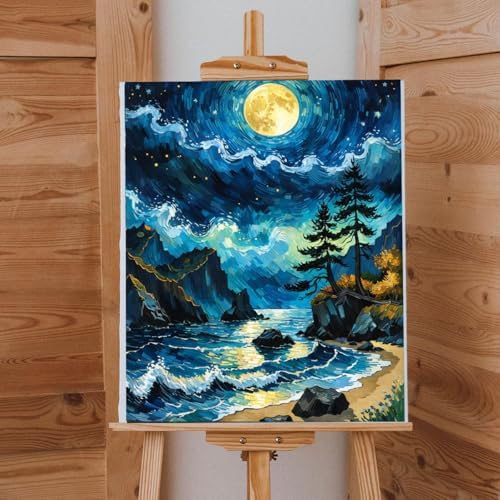 Lovepefe Seaside Scenery Paint by Numbers Kit for Adults Beginner Moon Adult Paint by Number Kits On Canvas Adults Beach Night View Oil Painting Kits for Gift Home Wall Decor 16x20 Inch - Image 3