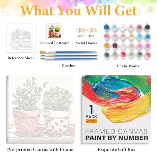 Framed Paint by Numbers Kit for Adults, Succulent & Plant Art 10x10 Inch - Image 5