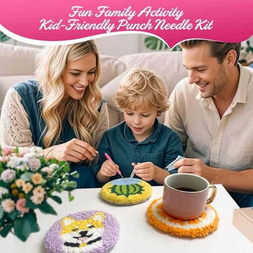 Punch Needle Coaster Kit for Adults Beginners, Easy Punch Embroidery Starter Set with Instructions – Fun Mug Rug Making Kit for Table Decor & Festival DIY Gifts (6pcs Cute Animals) - Image 5