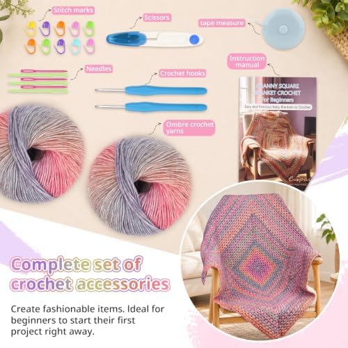 Coopay Gradient Crochet Kit for Beginners Adults, Granny Square Blanket Kit - Image 5