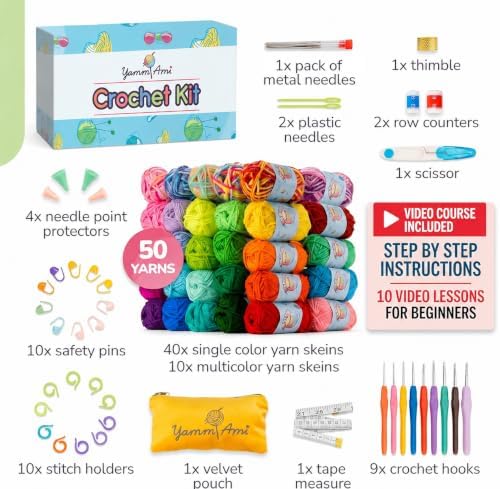 YammiAmi 1,800 Yards Beginner Crochet Kit for Adults, 103-Piece Starter Set with 50 Skeins of Yarn, Accessories, and 10 Amigurumi E-Book Patterns with Video Tutorials - Image 2
