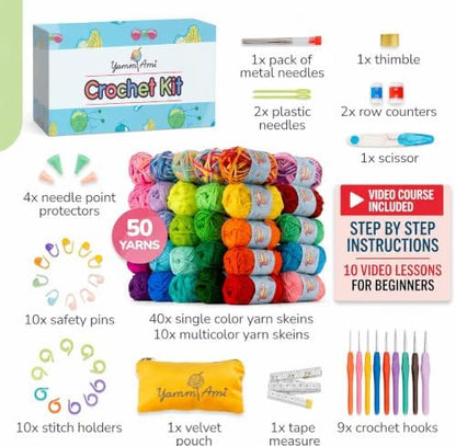 YammiAmi 1,800 Yards Beginner Crochet Kit for Adults, 103-Piece Starter Set with 50 Skeins of Yarn, Accessories, and 10 Amigurumi E-Book Patterns with Video Tutorials - Image 2