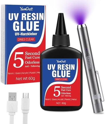 UV Resin Kit with Light, 60g UV Glue with Rechargeable Light, 5 Second Fast Cure UV Glue Adhesive, Clear Repair Kit for Welding Resin, Jewelry Bonding, Plastic, Glass, Acrylic, Craft Decoration by Unknown