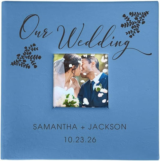 Personalized Wedding Photo Album, Custom Engraved Picture Album, Holds 200 4" x 6" Photos, Leatherette and Laser Engraved Scrapbook, Our Wedding, Blue