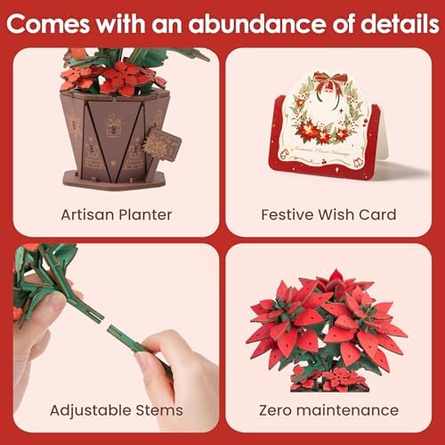 ROBOTIME 3D Wooden Poinsettia Puzzle - with Flower Pot Base, Adjustable Stem, Christmas Home Desk Decor, DIY Craft Kit for Adults - Image 5