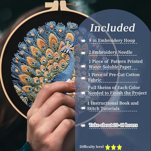 FONNUY Peacock Floral Embroidery Kit, Cross Stitch Kits, Handmade Crafts with Printed Patterns for Beginner Adults, Easy to Follow Color Thread Needlework, 8'' Hoop (Elegance and Royalty) - Image 2