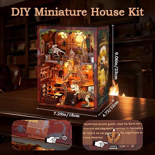 Dinosaur Museum Dollhouse Book Nook - 3D Wooden Puzzle with LED Lights, DIY Miniature Diorama for Bookshelf Decor, Unique Gift for Adults & Teens - Image 4